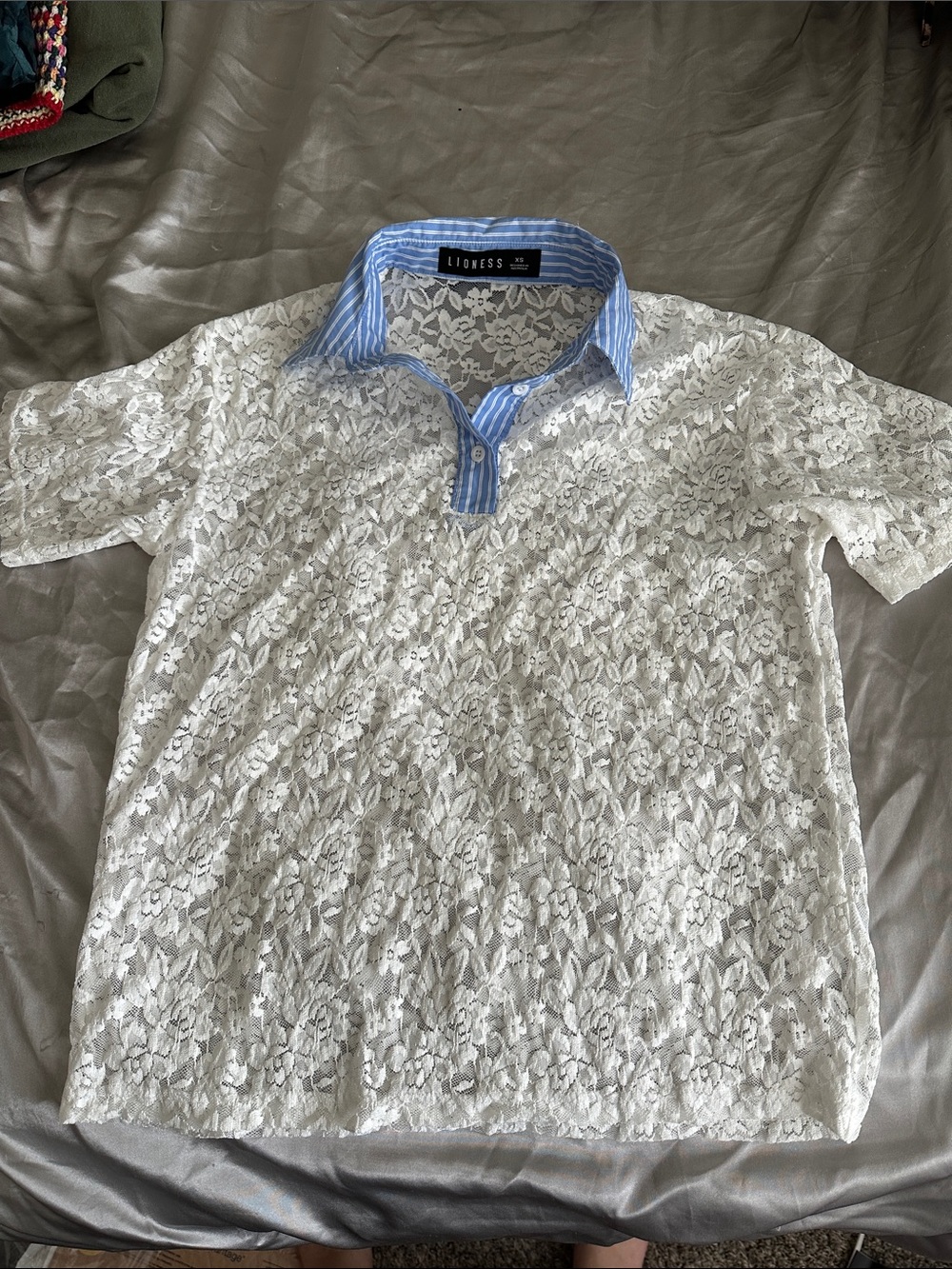 Lioness White Lace Polo with Blue Stripe Collar